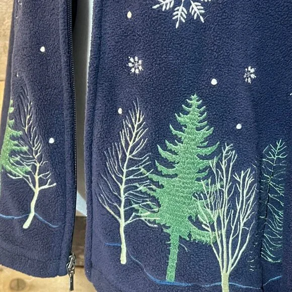 Croft & Barrow Fleece Navy Zip Up Jacket Christmas Theme Trees/Snowflakes Large - Picture 5 of 10